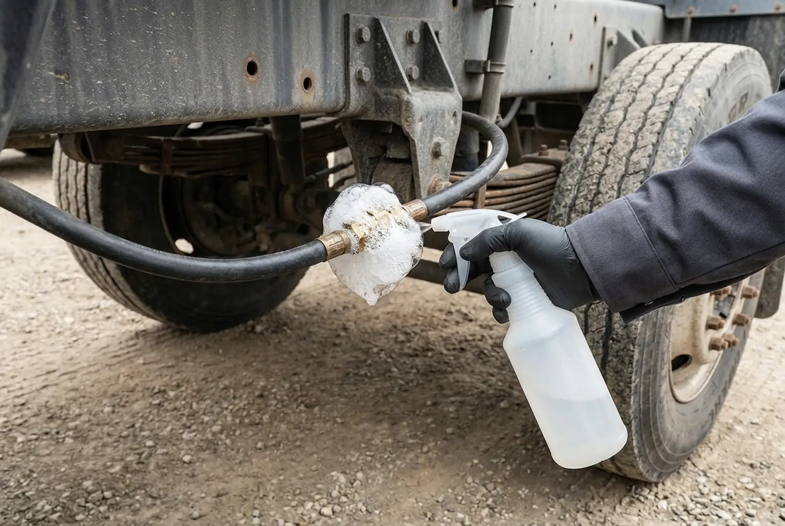 Gloved hand spraying a truck air line fitting to locate a leak with soap bubbles