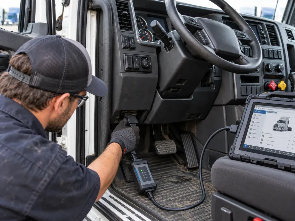 Technician connecting a diagnostic scan tool adapter to a truck's under-dash diagnostic port