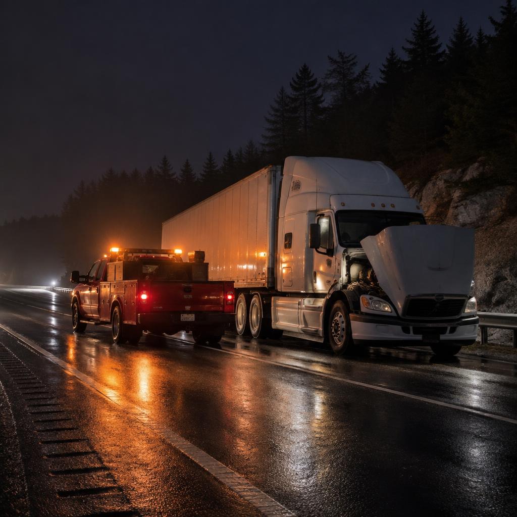 Red mobile repair truck with amber beacons behind a broken-down semi on a Maine highway at night