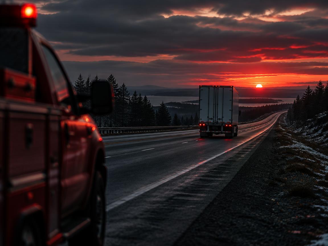 Repaired semi truck back on a Maine highway at sunset beside a mobile service truck