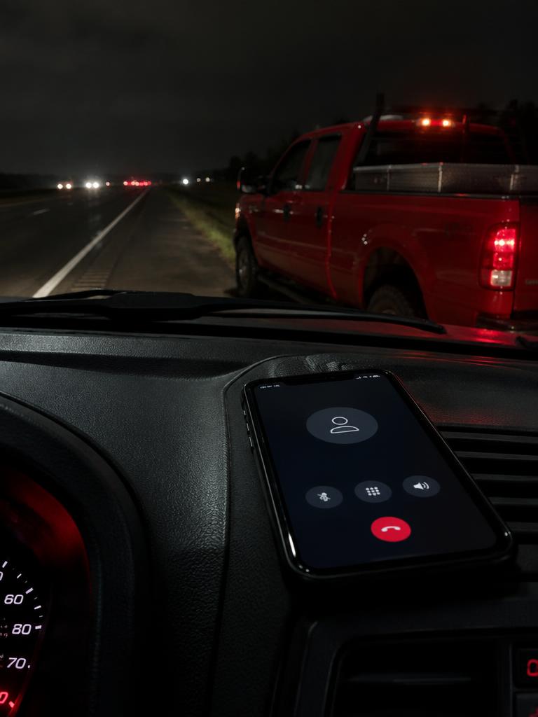 Phone on a truck dashboard calling for 24/7 mobile truck repair dispatch at night