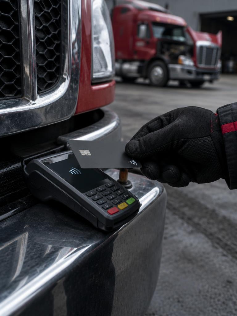 Gloved hand paying by credit card on a portable reader after mobile truck repair