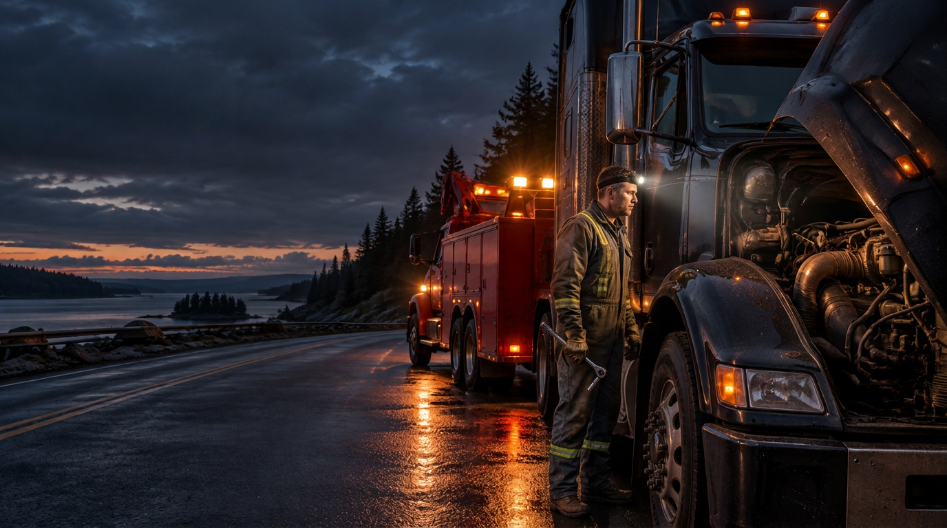 Mechanic standing beside a semi truck with its hood open, red service truck parked behind on a wet road at dusk