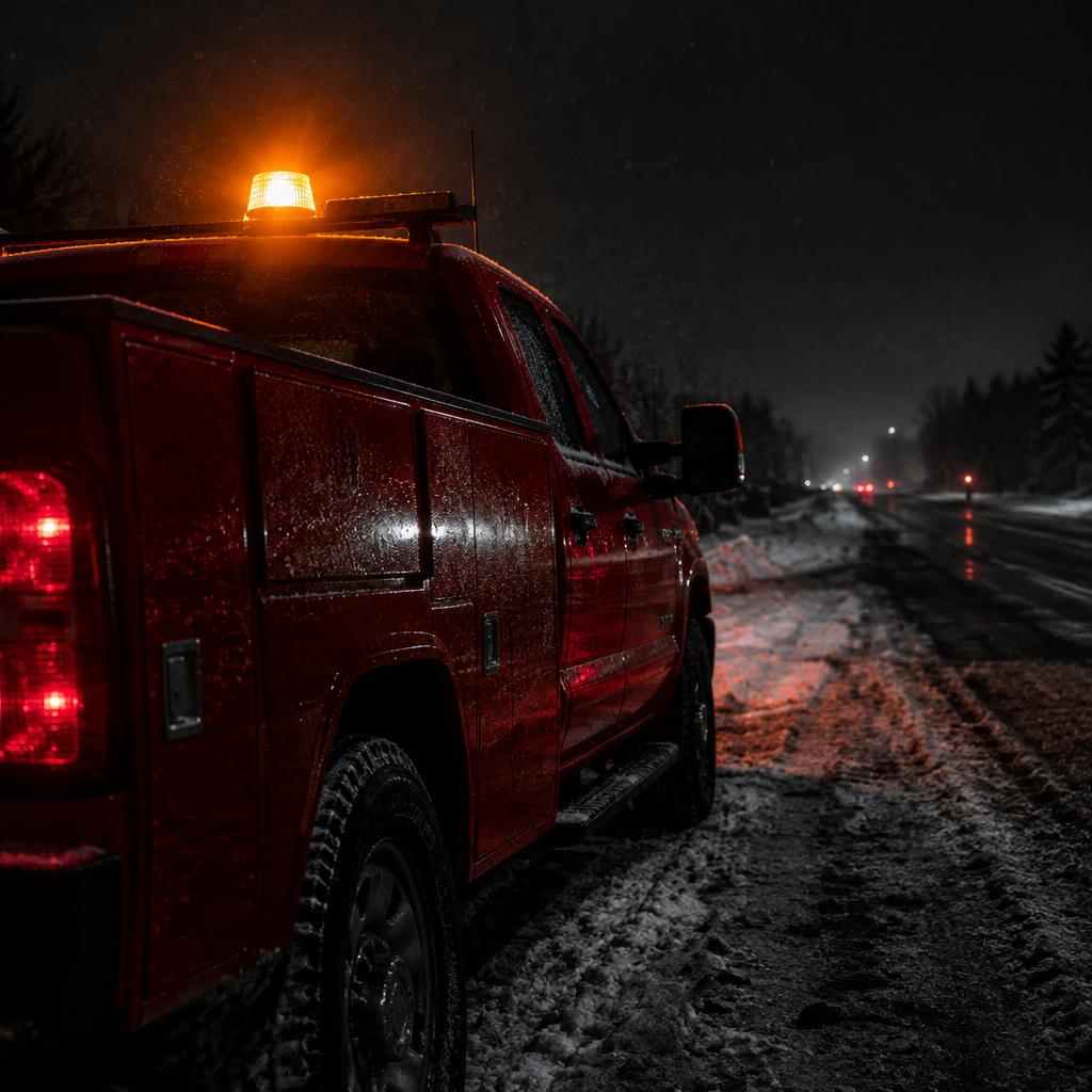 Red service truck with amber beacon on a snowy roadside for 24/7 emergency truck repair